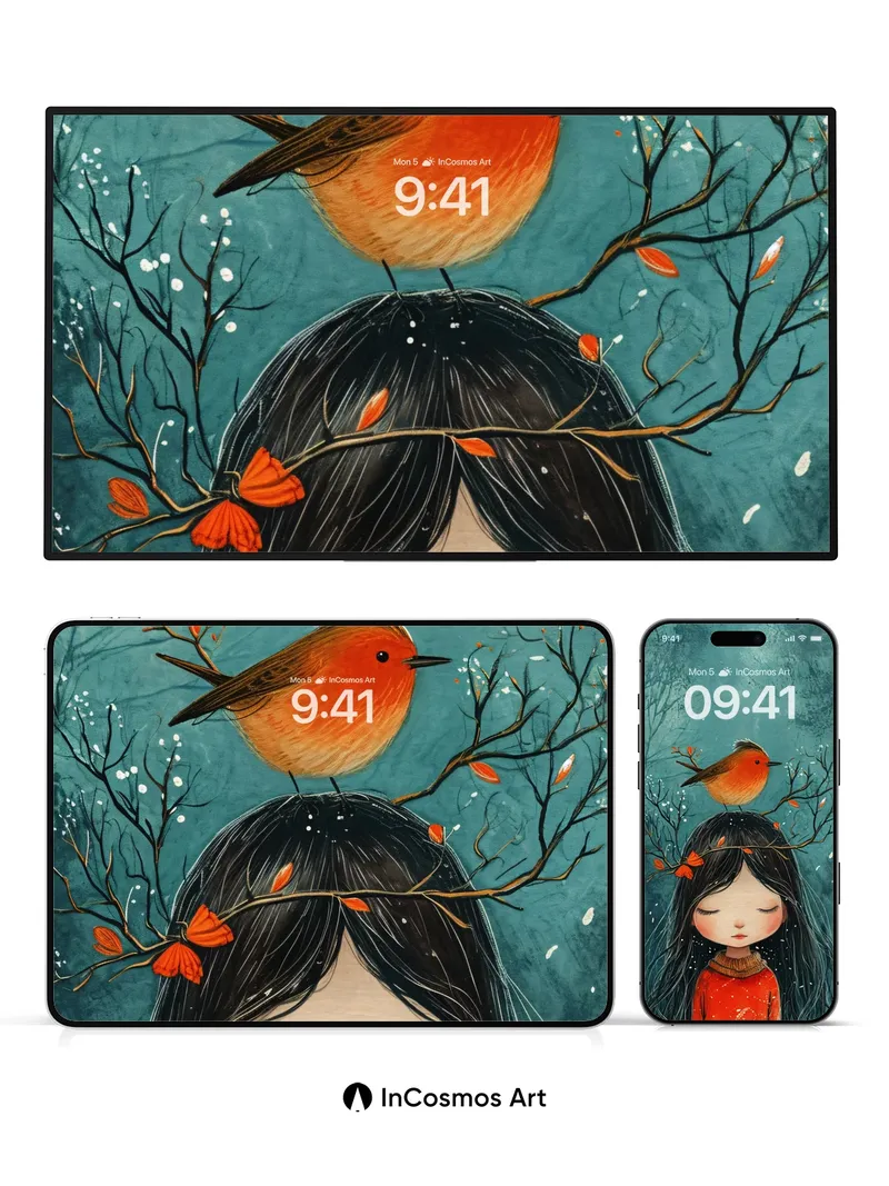 Serene Winter Whispers Wallpaper with Robin Perch