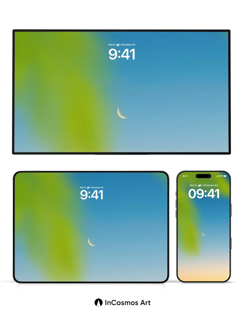 Serene Crescent Wallpaper with Blurred Palm Veil