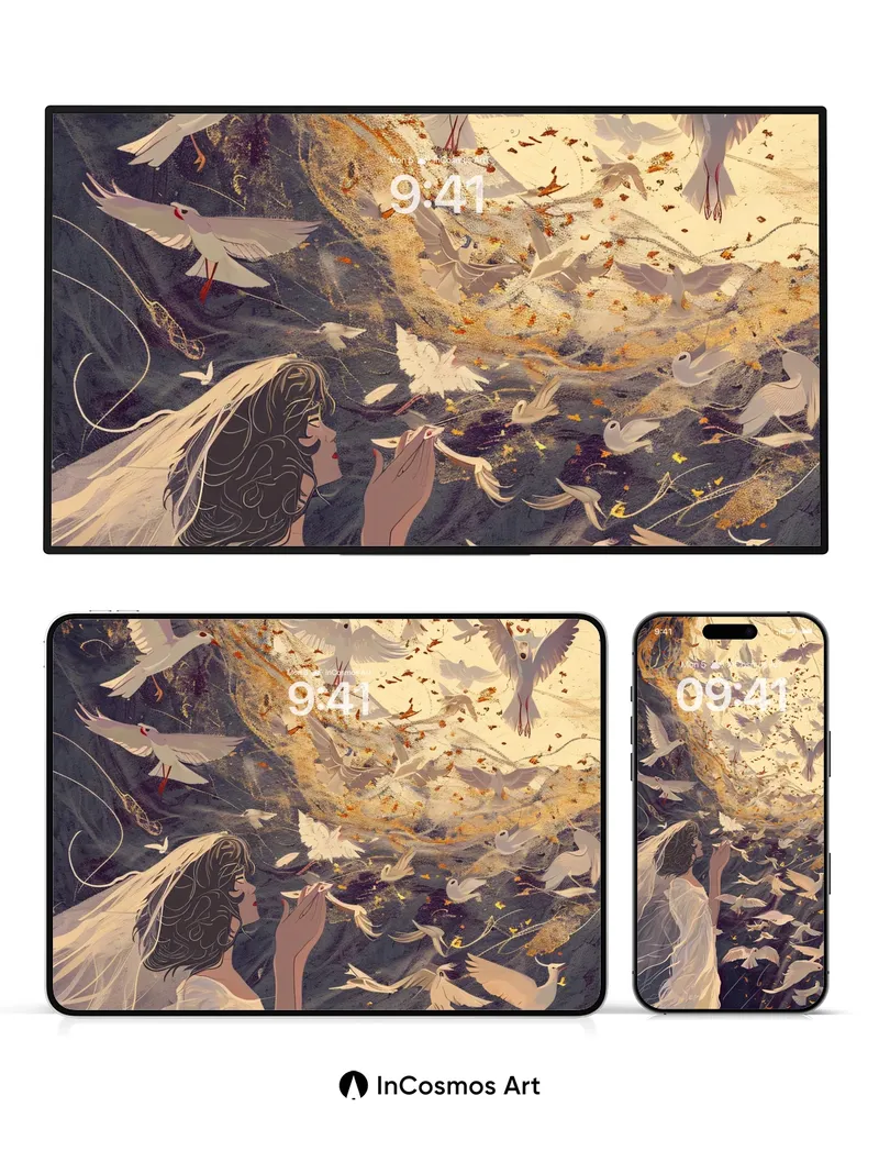 Whispering Dove Wallpaper with Golden Veil