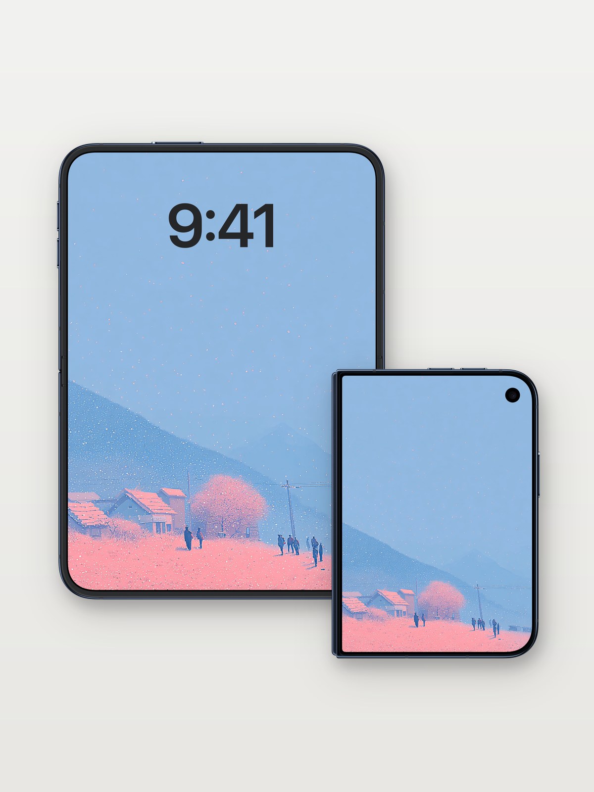 Serene Mountain Village Winter Wallpaper on iPhone Duo, open and closed