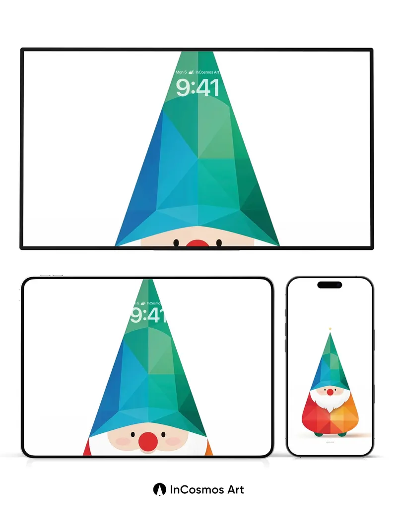 Geometric Joy Wallpaper with Rainbow Gnome