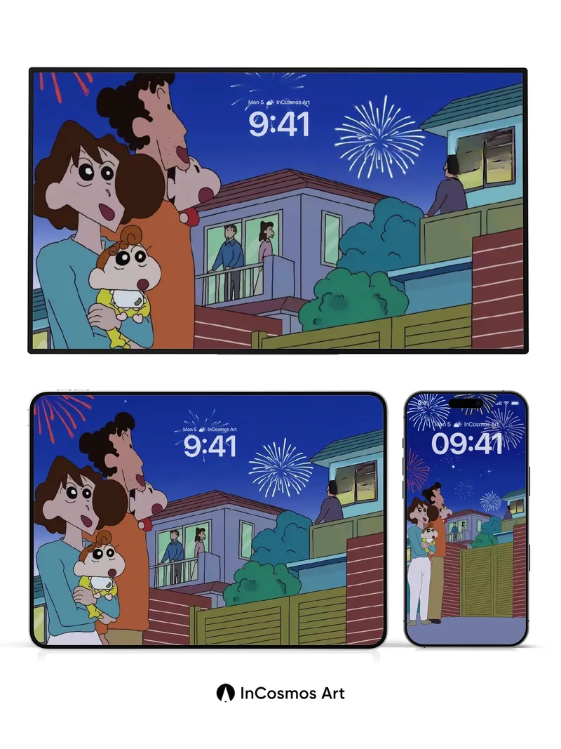 Wonderful Firework Night Wallpaper with Anime Family Gaze