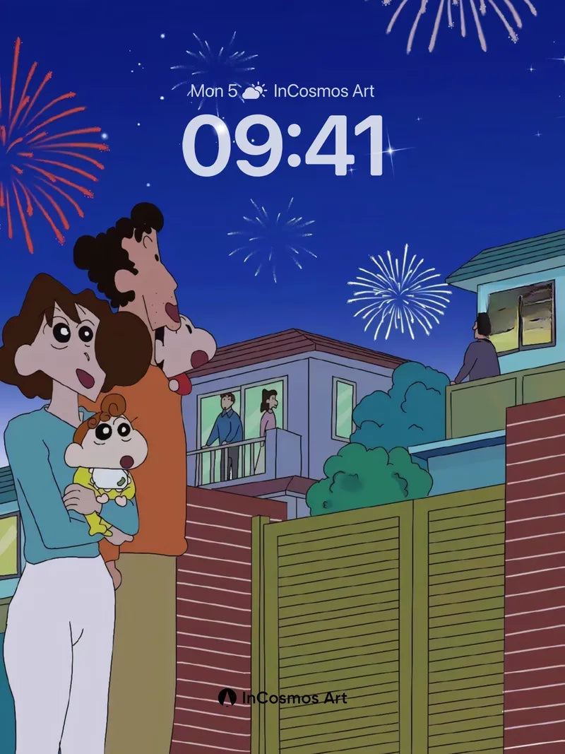 Wonderful Firework Night Wallpaper with Anime Family Gaze