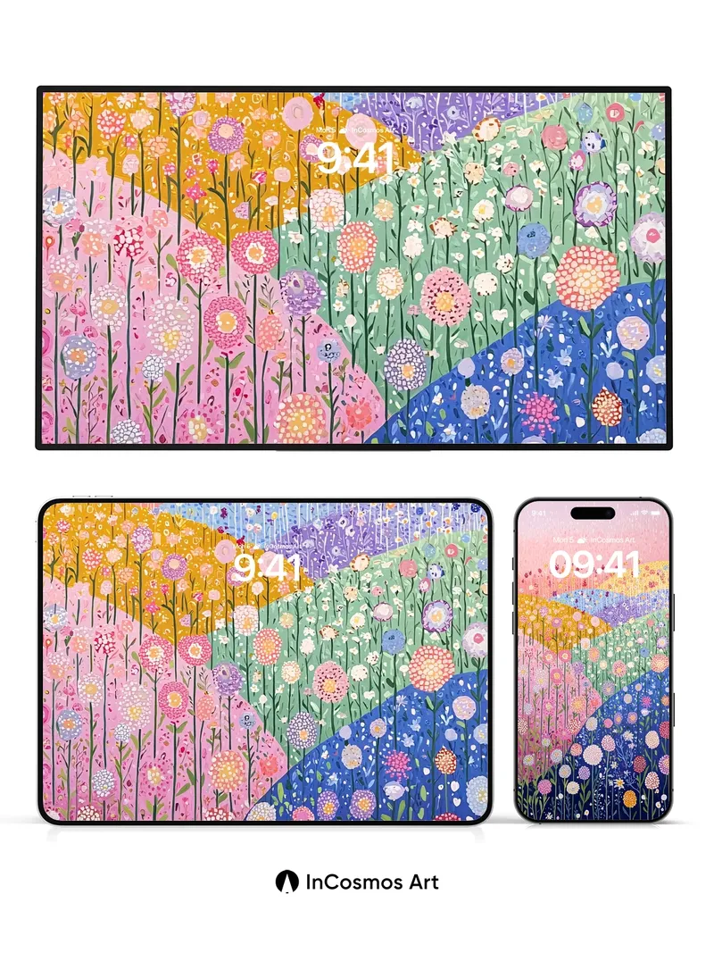 Whispering Meadow Wallpaper with Rainbow Currents