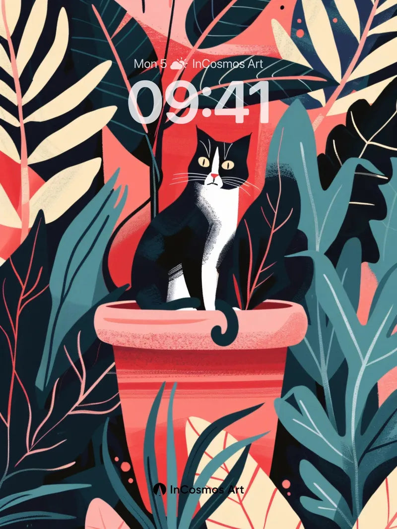 Whispering Jungle Wallpaper with Tuxedo Cat