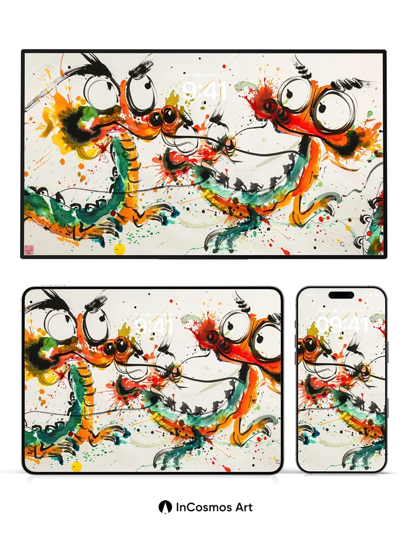 Playful Dragon Splash Wallpaper with Ink Whispers