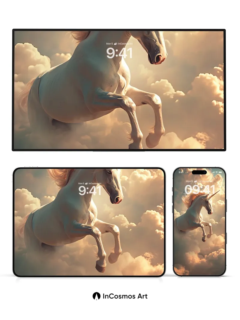 Celestial Gallop Wallpaper with Floating Clouds