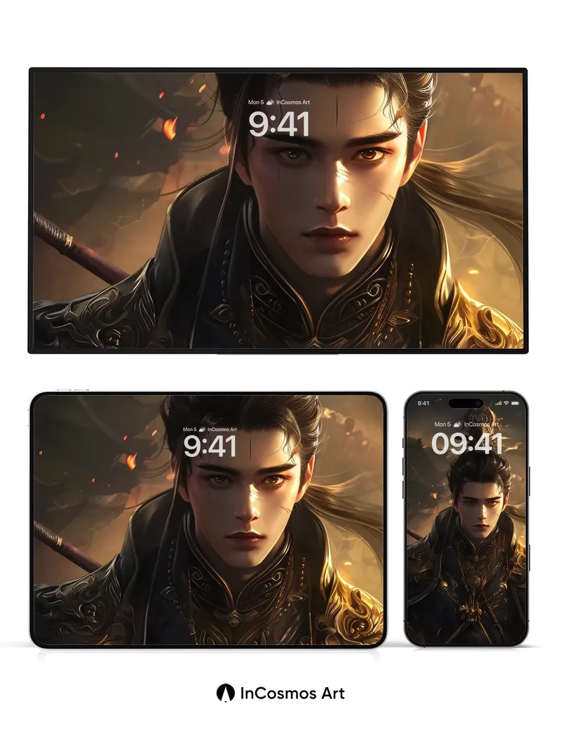 Ember-Crowned Warrior Wallpaper with Golden Threads