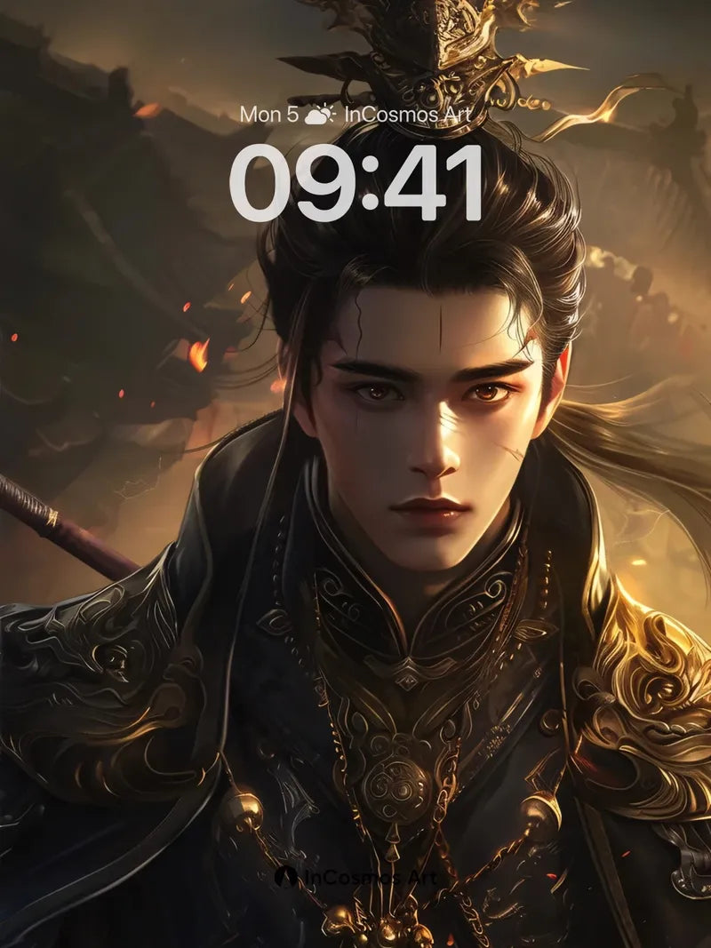 Ember-Crowned Warrior Wallpaper with Golden Threads