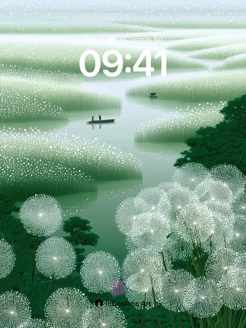 Luminous Marsh Wallpaper with Floating Dandelions wallpaper for iPhone, iPad & Mac
