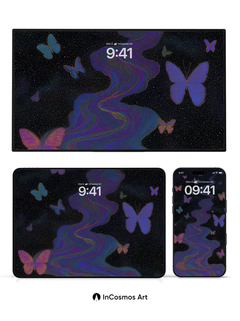 Cosmic Ripple Wallpaper with Fluttering Wings