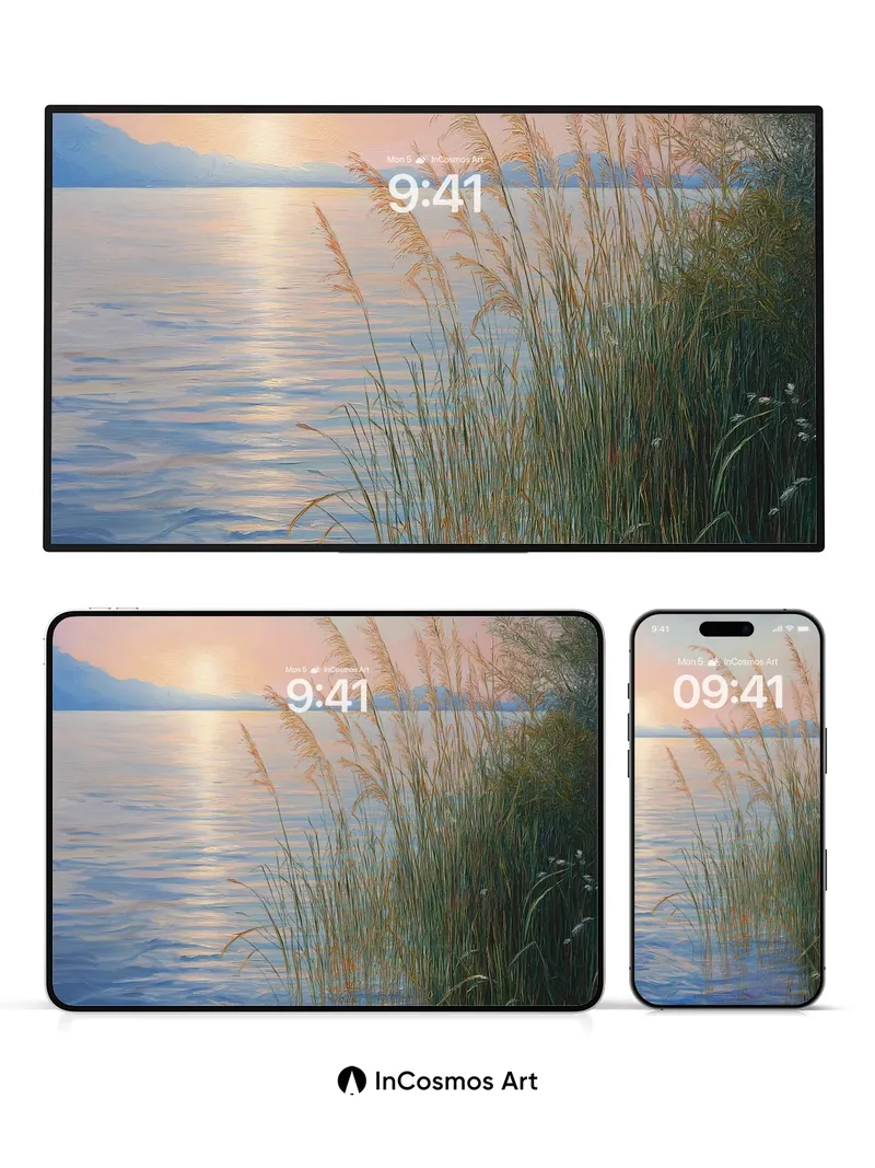 Serenity Reeds Wallpaper with Sunset Reflections