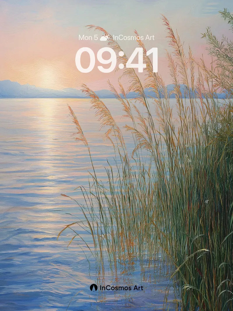 Serenity Reeds Wallpaper with Sunset Reflections