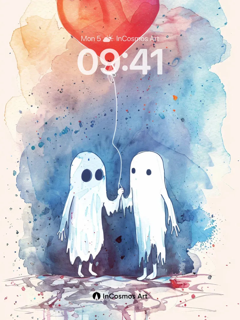 Whispering Ghosts Wallpaper with Heart Balloon wallpaper for iPhone, iPad & Mac