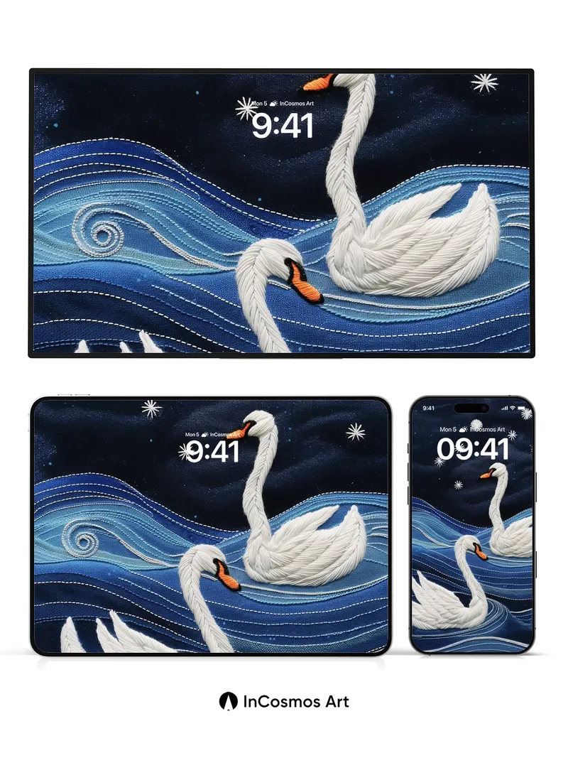 Starry Serenade Wallpaper with Embroidered Swans