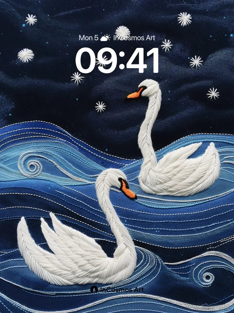 Starry Serenade Wallpaper with Embroidered Swans wallpaper for iPhone, iPad & Mac