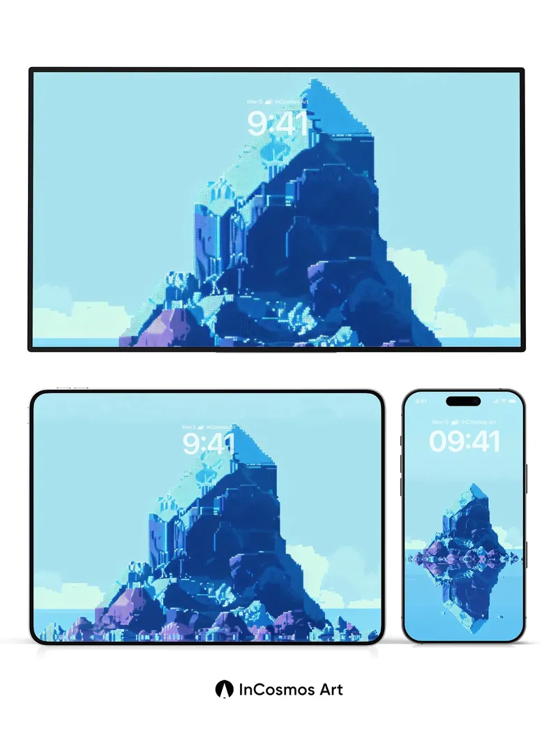 Calm Pixel Isle Wallpaper with Mirror Reflection