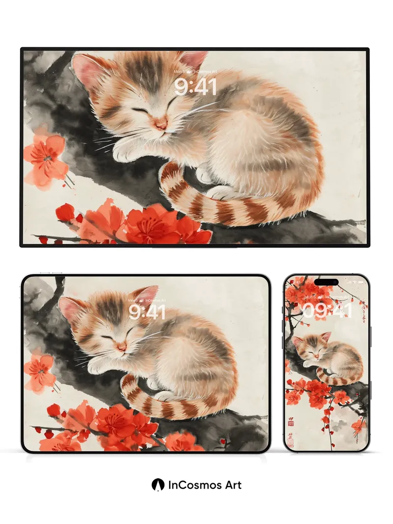 Serenity Meets Plum Blossom Wallpaper with Sleeping Kitten