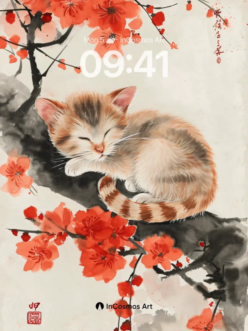 Serenity Meets Plum Blossom Wallpaper with Sleeping Kitten