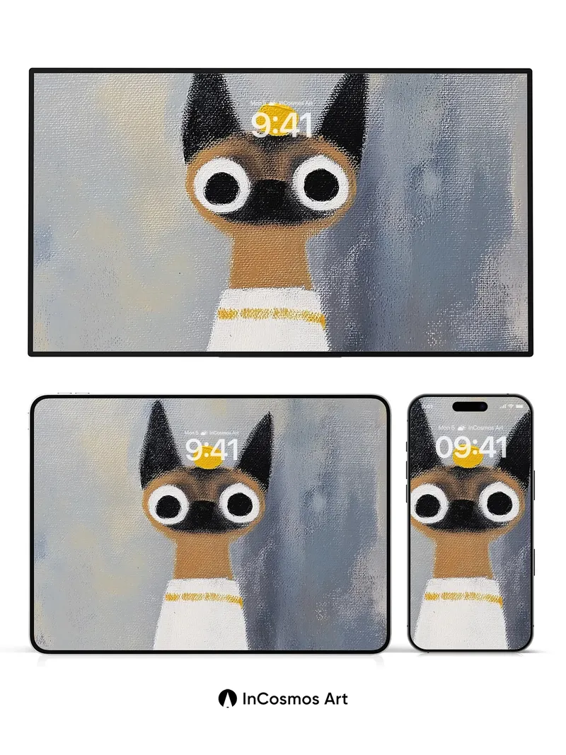 Whimsical Feline Gaze Wallpaper with Golden Crown