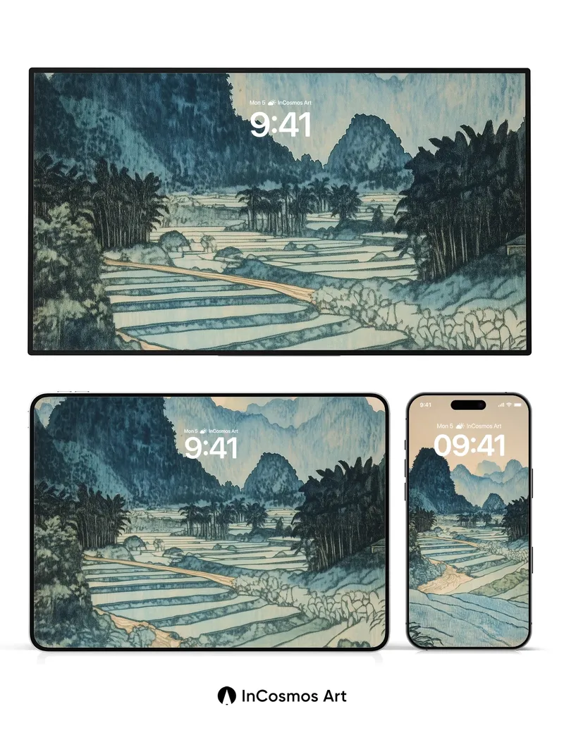 Serene Terraced Fields Wallpaper with Misty Peaks