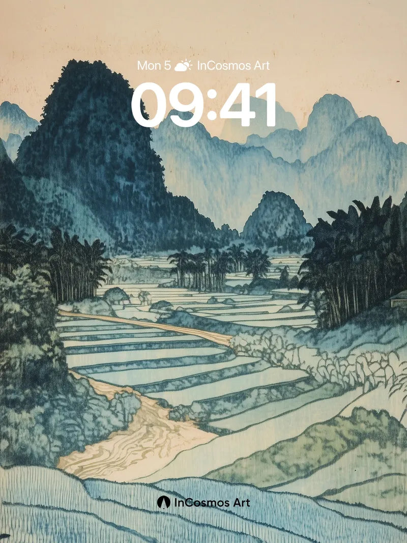 Serene Terraced Fields Wallpaper with Misty Peaks