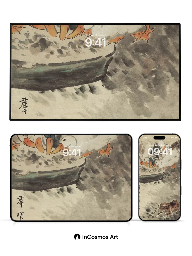 Whimsical Ink Wallpaper with Duck and Dog Play