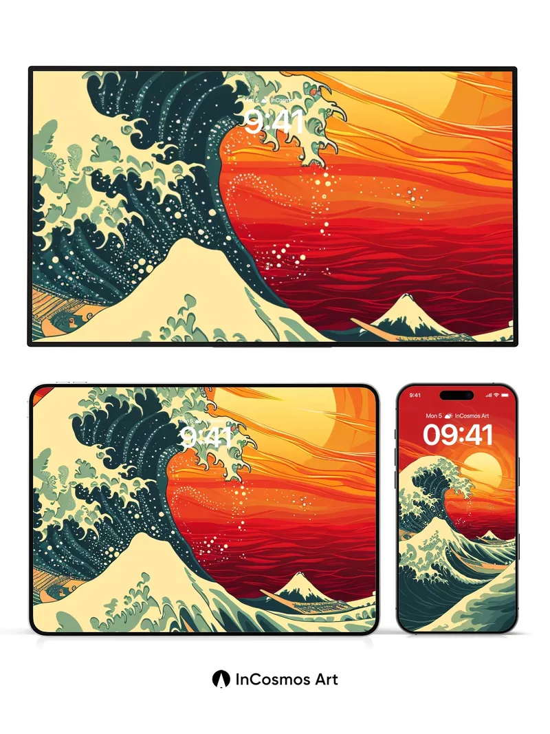 Crimson Surge Wallpaper with Hokusai Waves