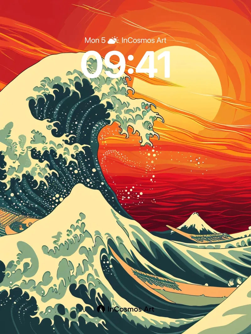 Crimson Surge Wallpaper with Hokusai Waves