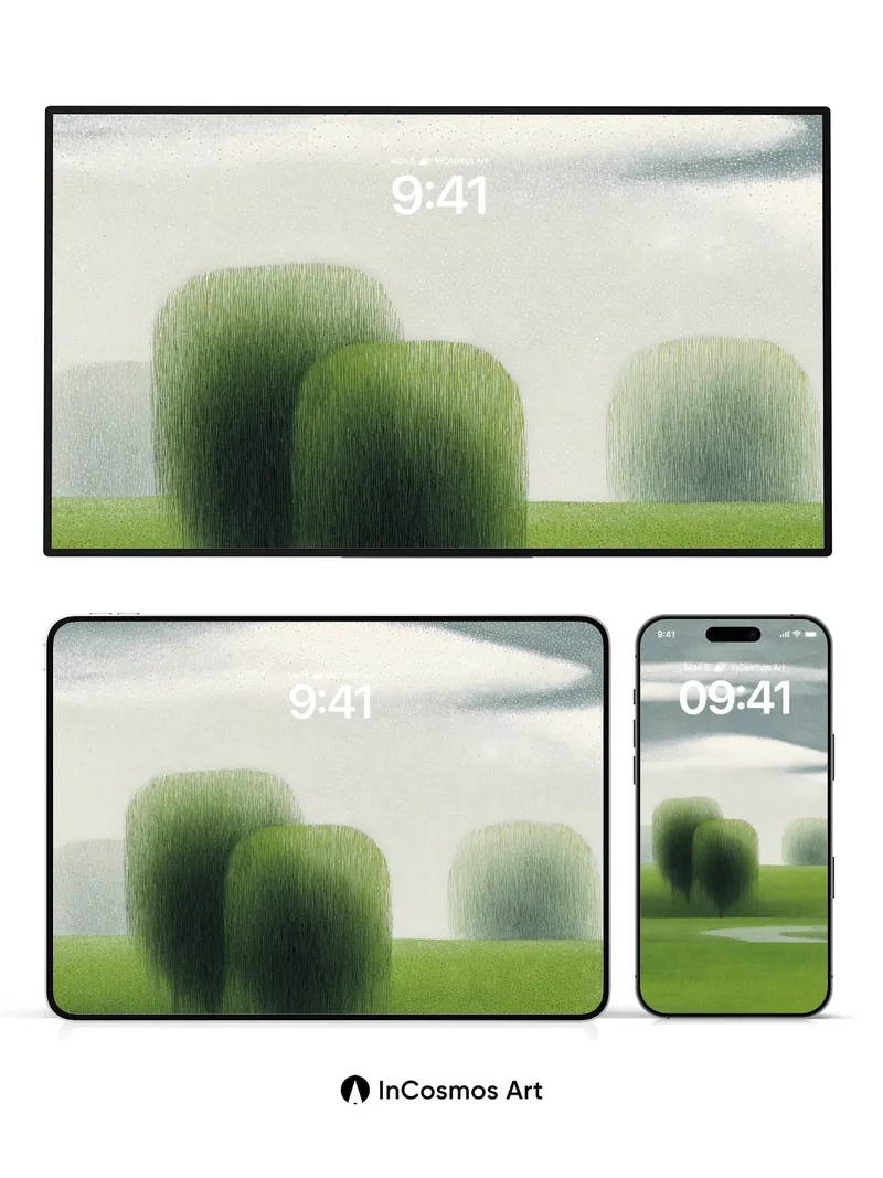 Misty Green Fields Wallpaper with Soft Cloud Drift