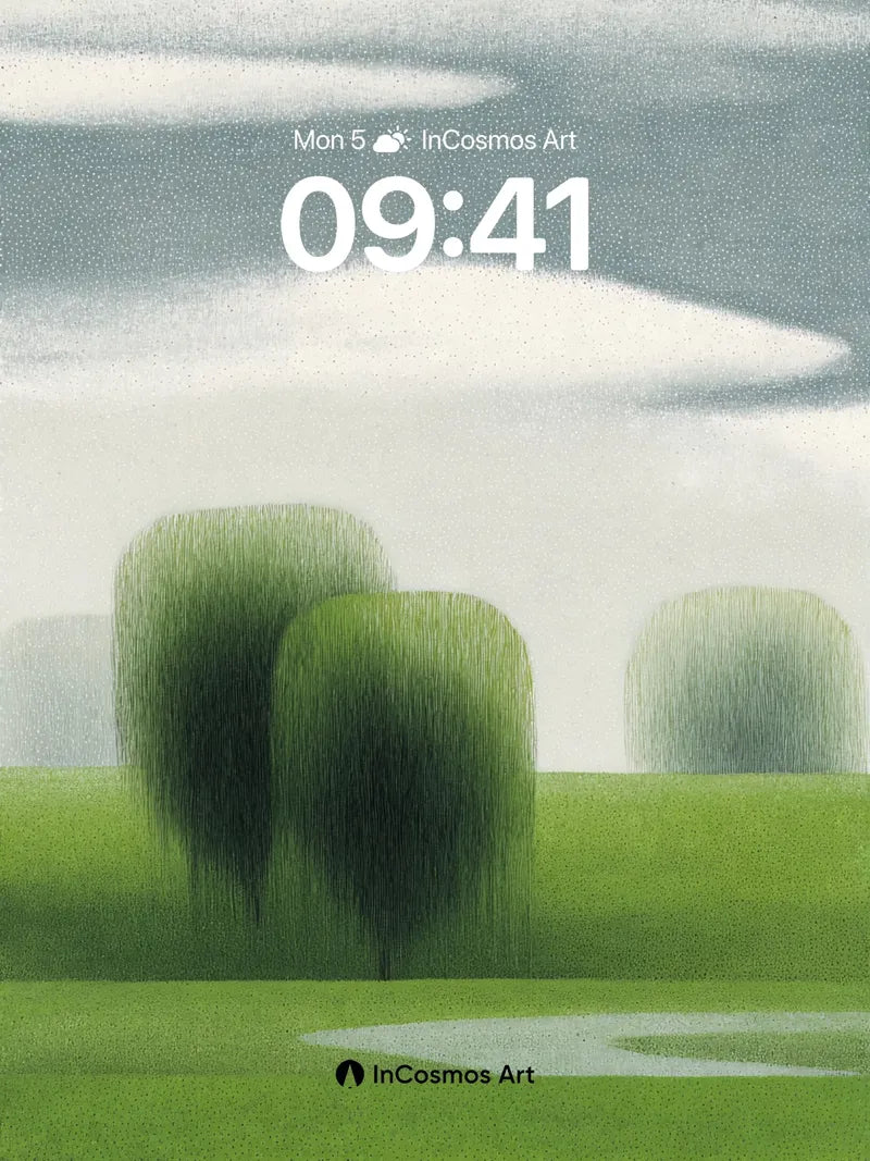 Misty Green Fields Wallpaper with Soft Cloud Drift