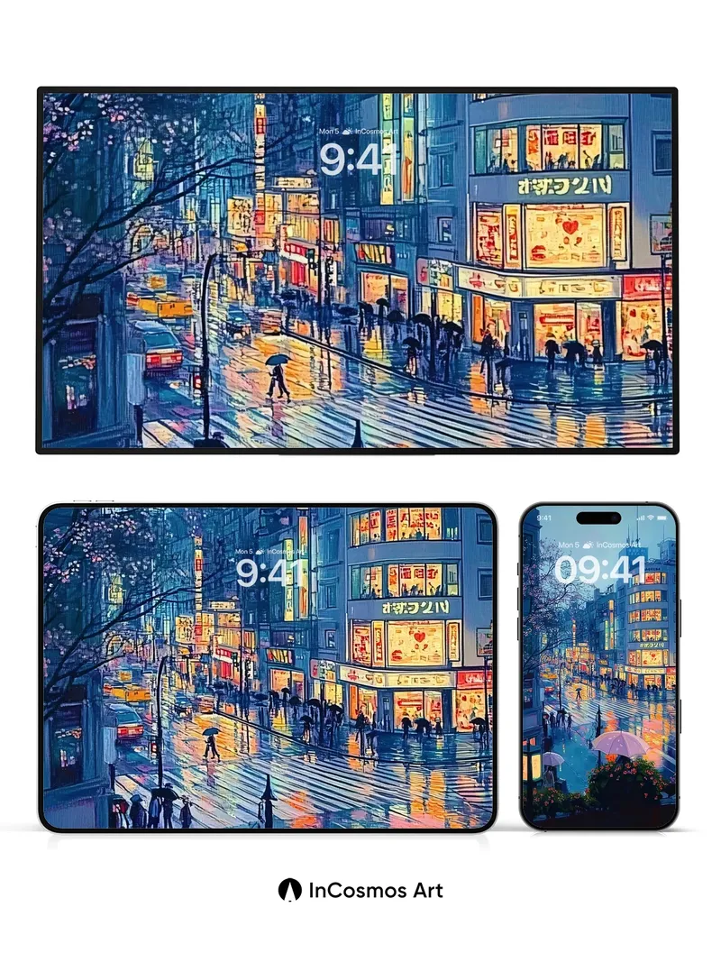 Neon Rainfall Wallpaper with Cherry Blossom Whispers