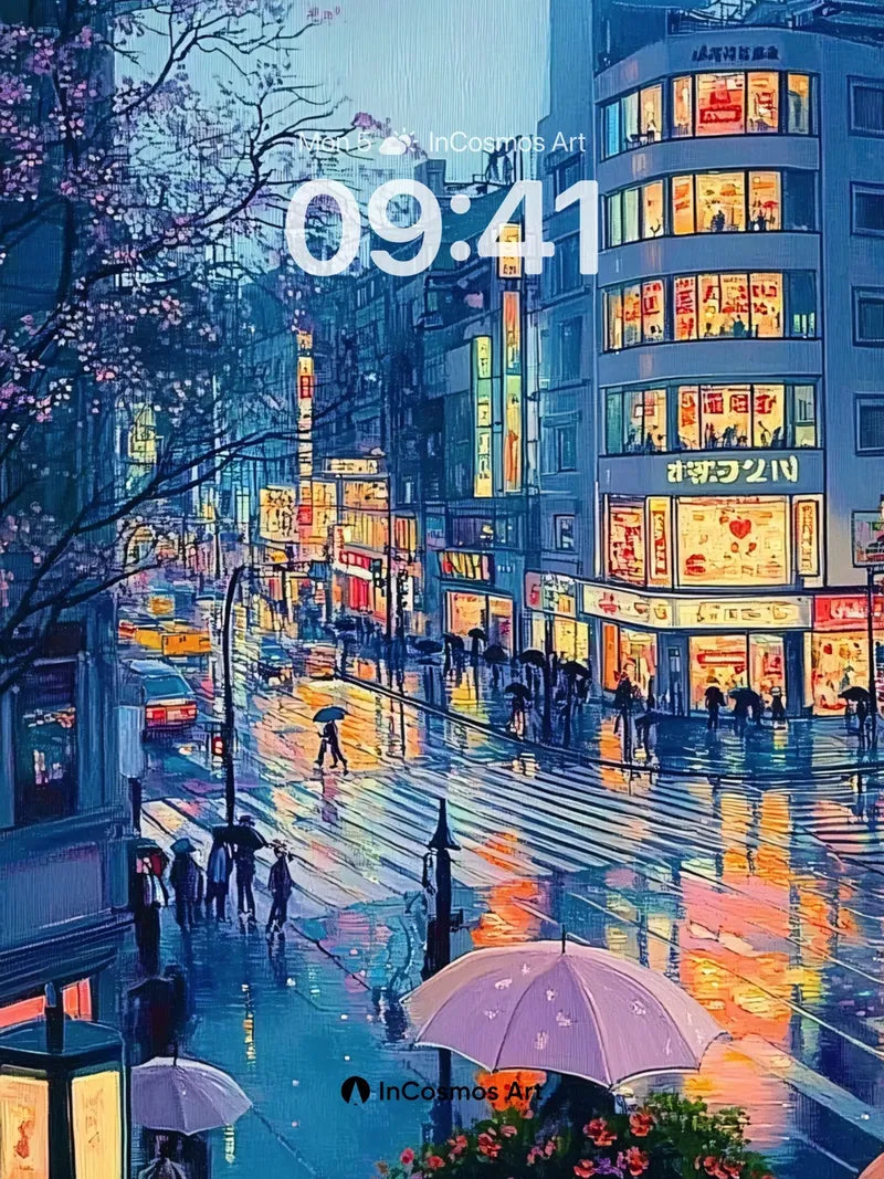 Neon Rainfall Wallpaper with Cherry Blossom Whispers