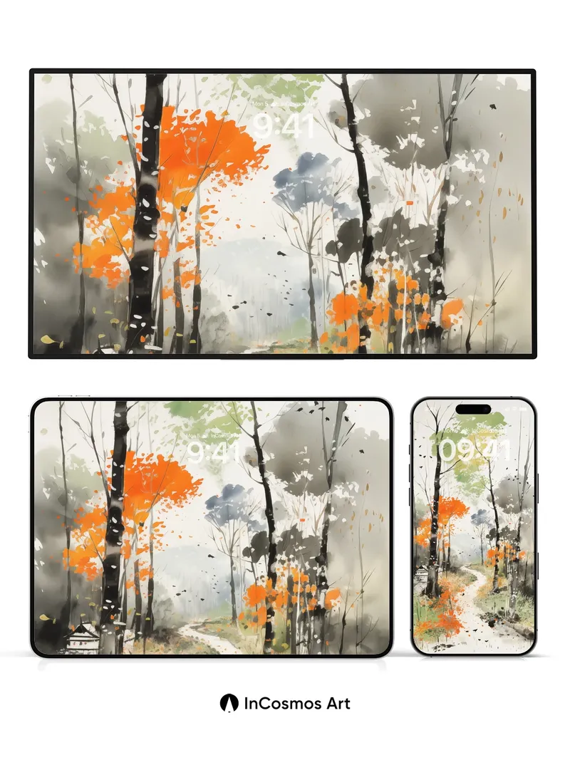 Whispering Autumn Path Wallpaper with Floating Leaves