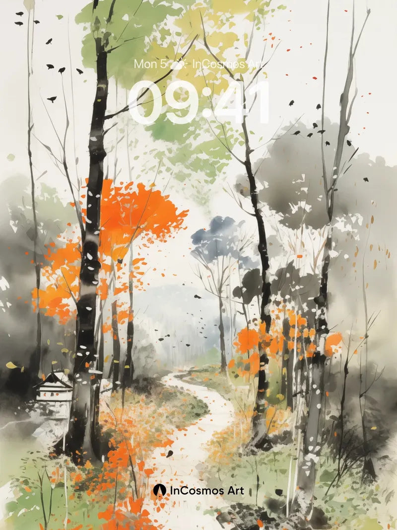 Whispering Autumn Path Wallpaper with Floating Leaves