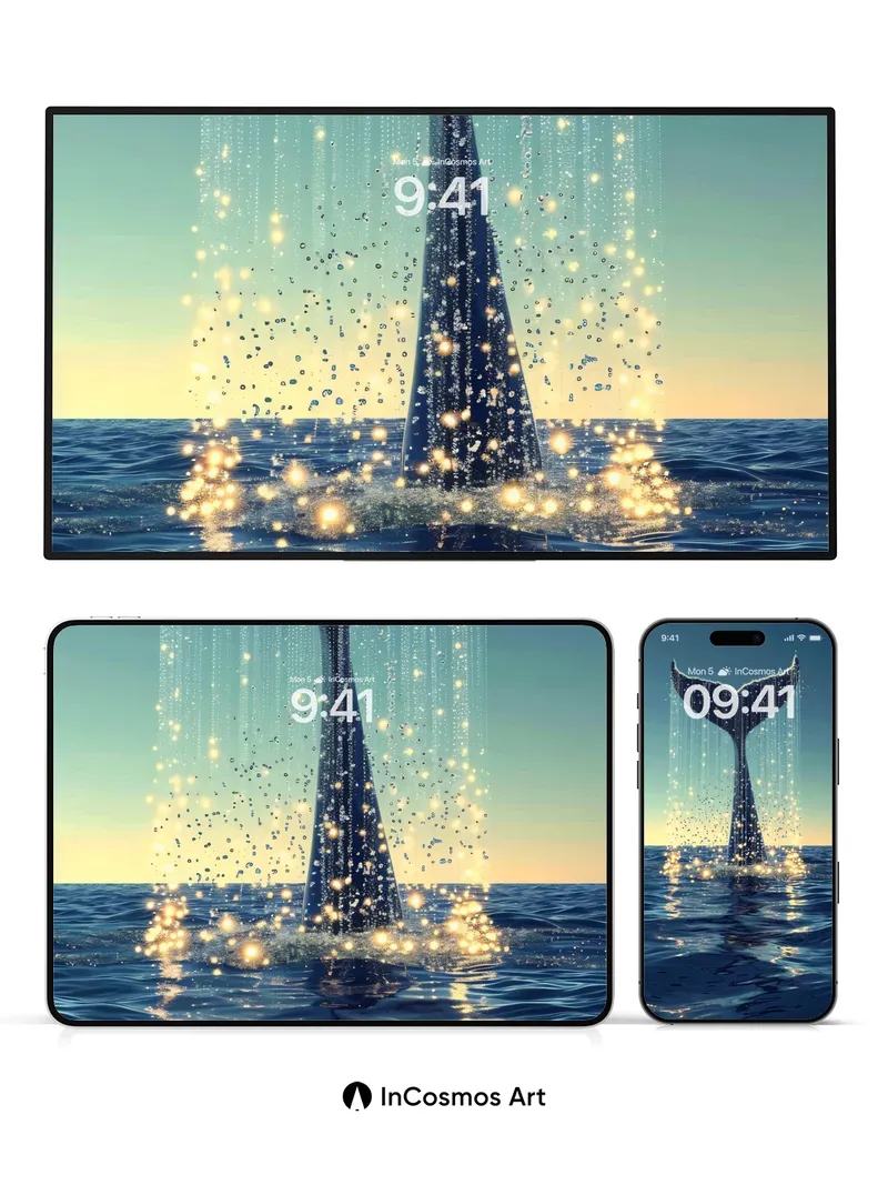 Luminous Whale Tail Wallpaper with Starlight Cascade