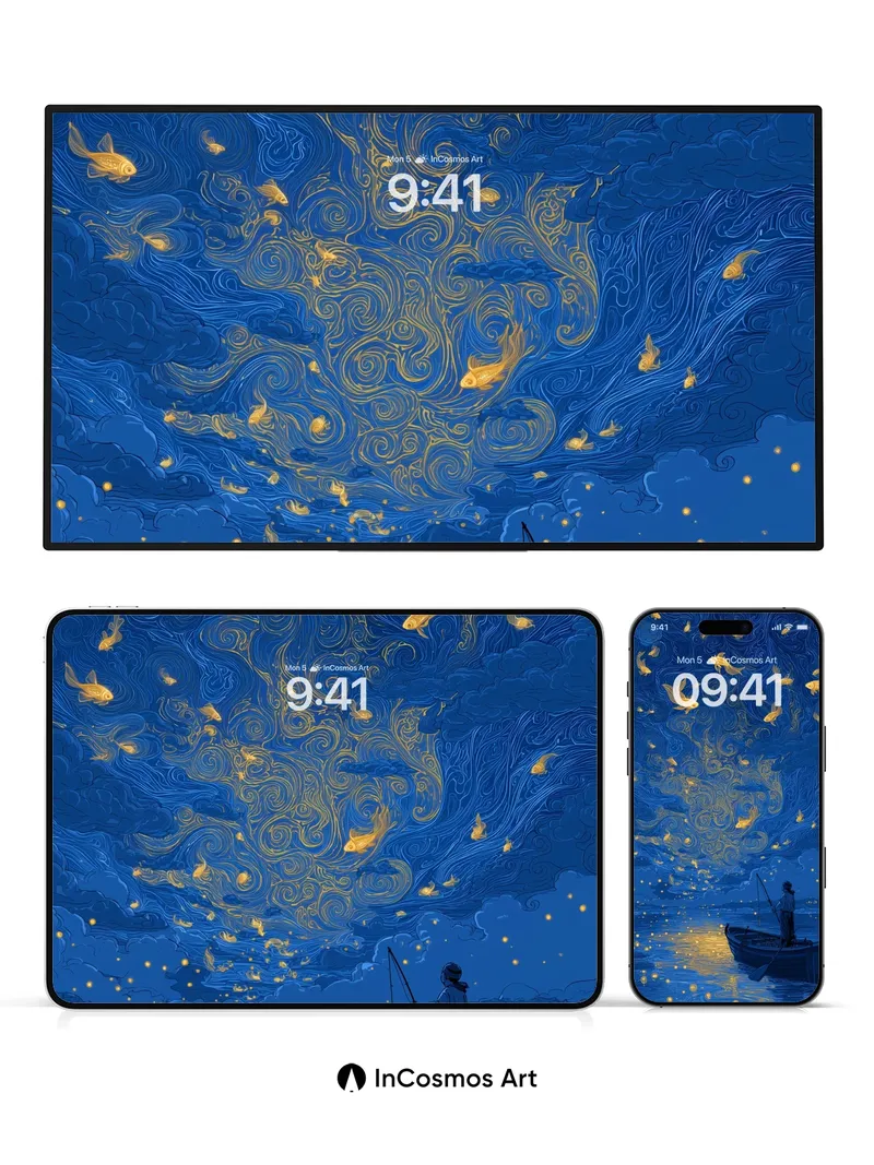 Starry Goldfish Wallpaper with Van Gogh Swirls