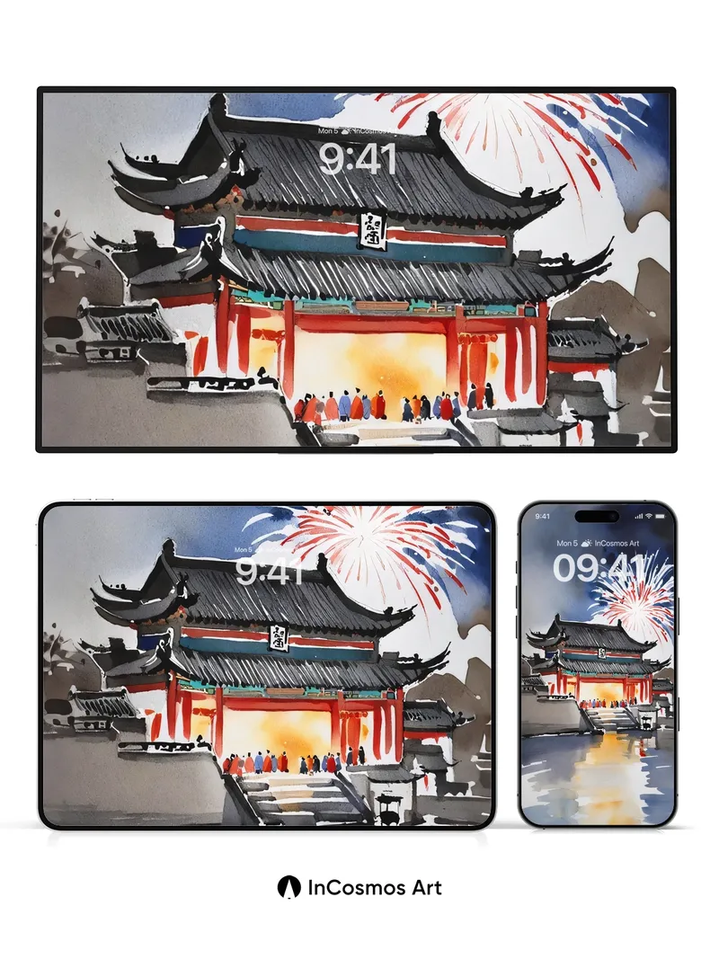 Firework Reverie Wallpaper with Ancient Gate