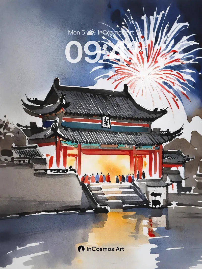 Firework Reverie Wallpaper with Ancient Gate