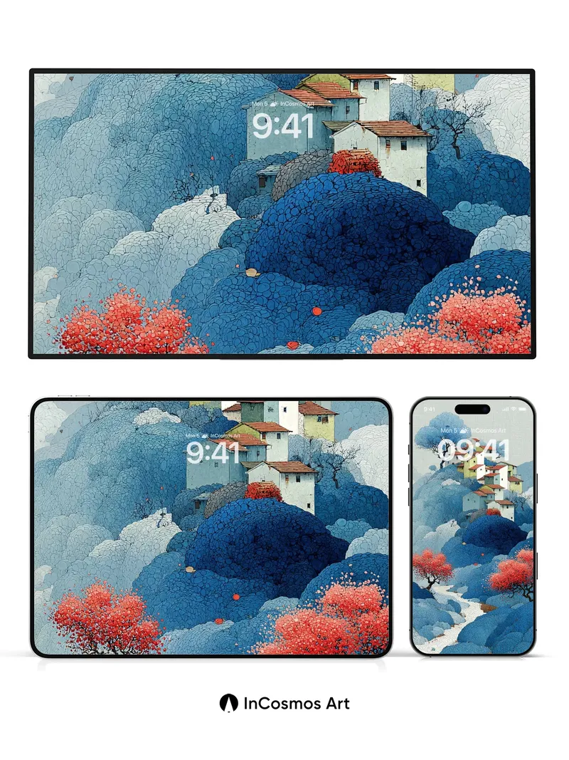 Cerulean Village Wallpaper with Crimson Blooms