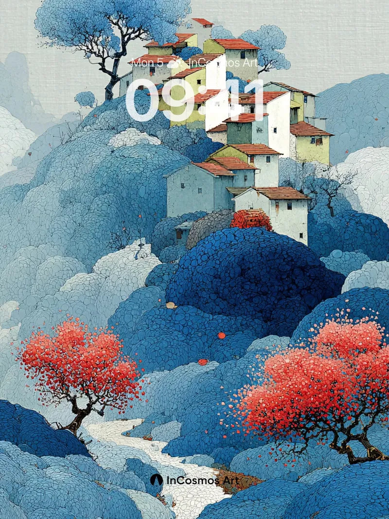 Cerulean Village Wallpaper with Crimson Blooms