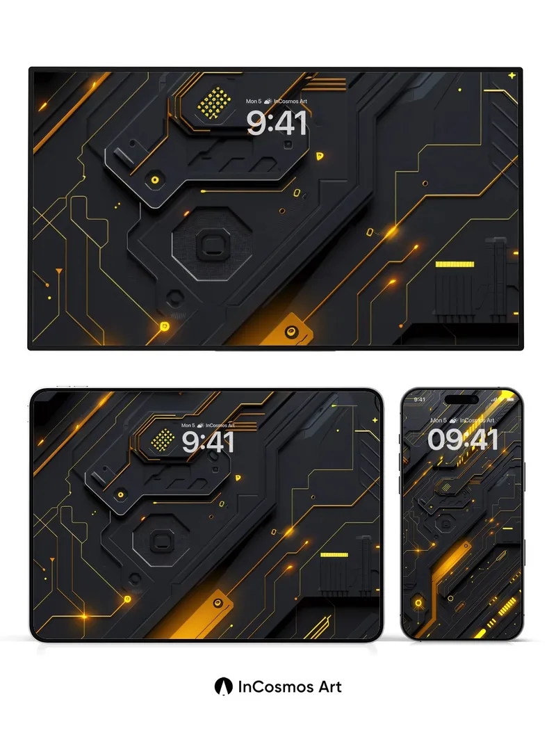 Neon Circuitry Wallpaper with Golden Pulse