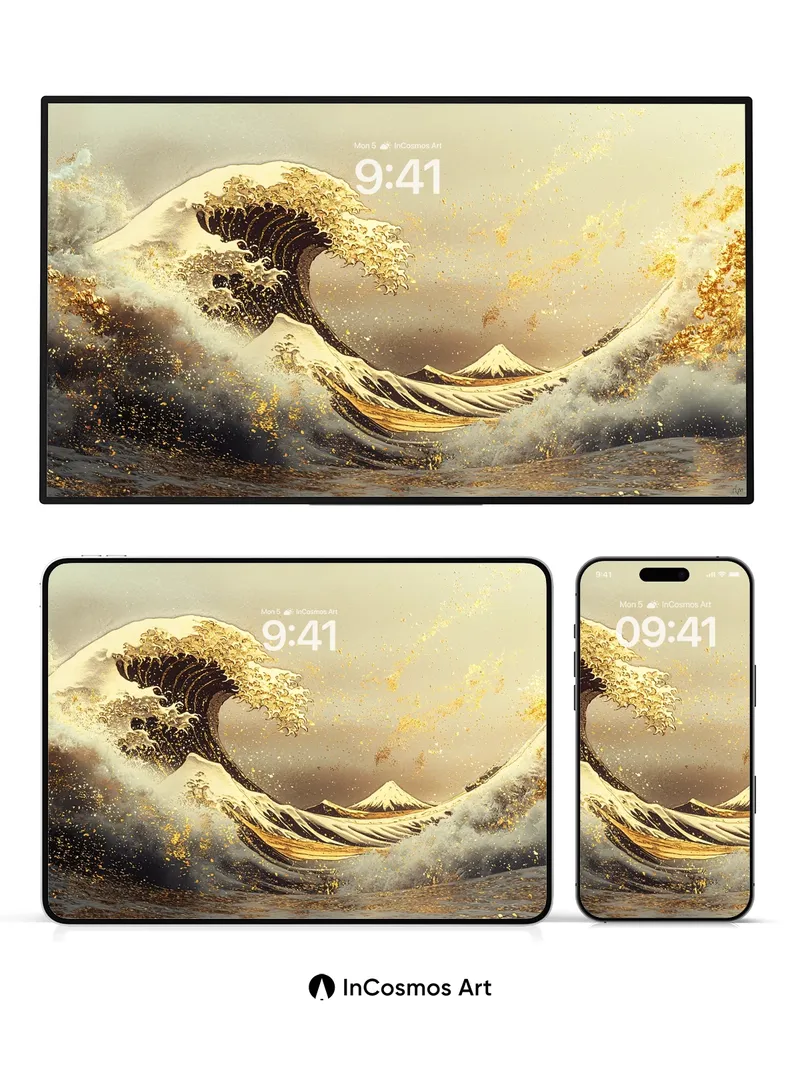 Golden Wave Wallpaper with Mount Fuji Echo