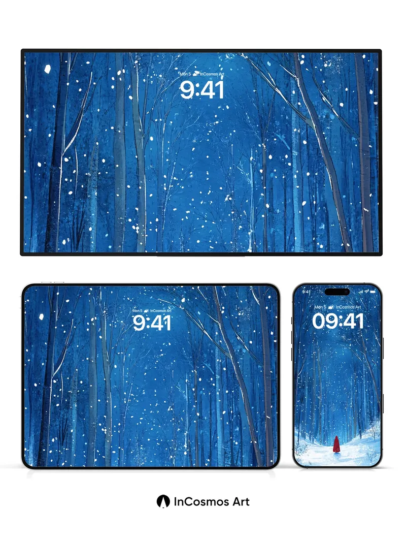 Midnight Snowfall Wallpaper with Crimson Cloak