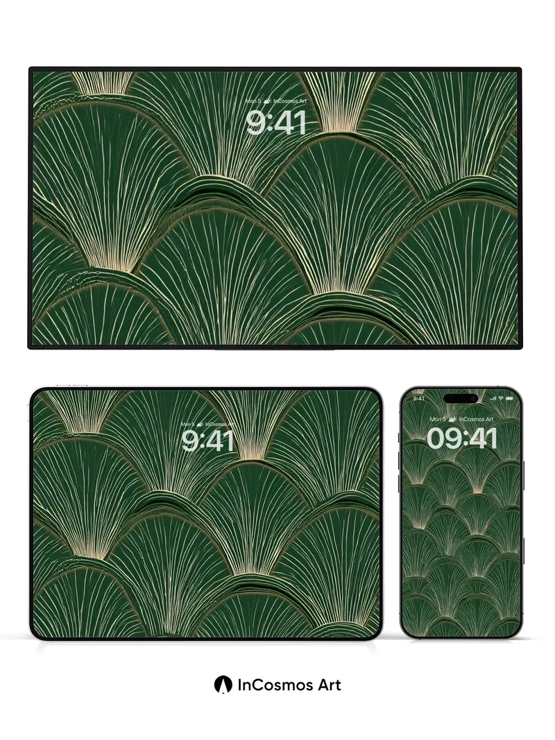 Emerald Fan Wallpaper with Gilded Veins