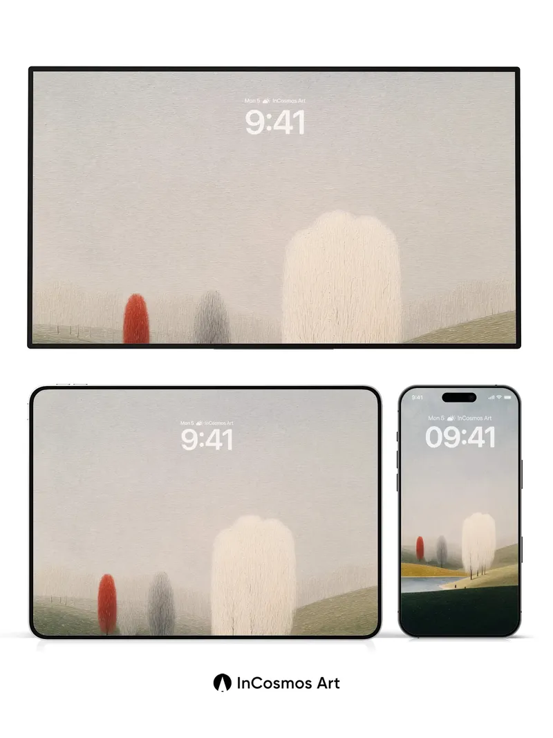Foggy Hillside Wallpaper with Red Tree Accent