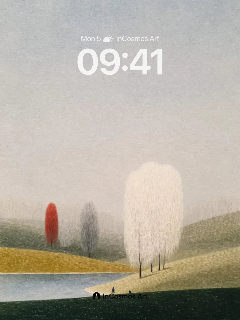Foggy Hillside Wallpaper with Red Tree Accent wallpaper for iPhone, iPad & Mac