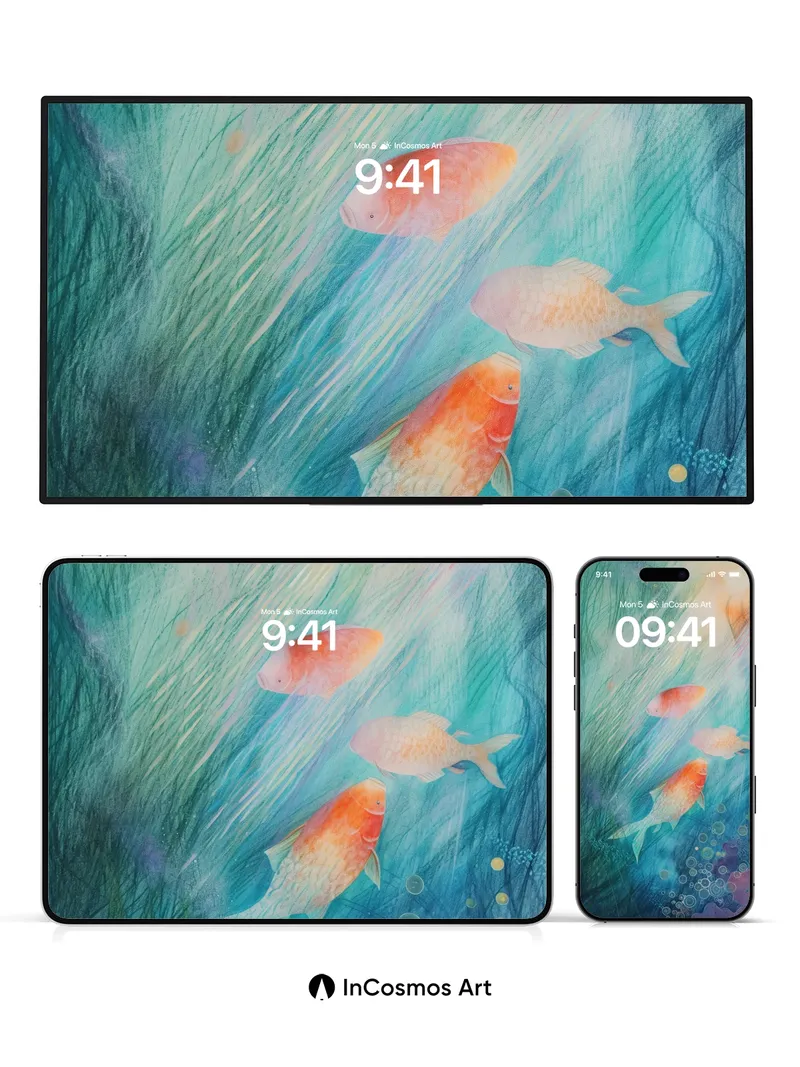 Serene Koi Wallpaper with Ethereal Light Trails