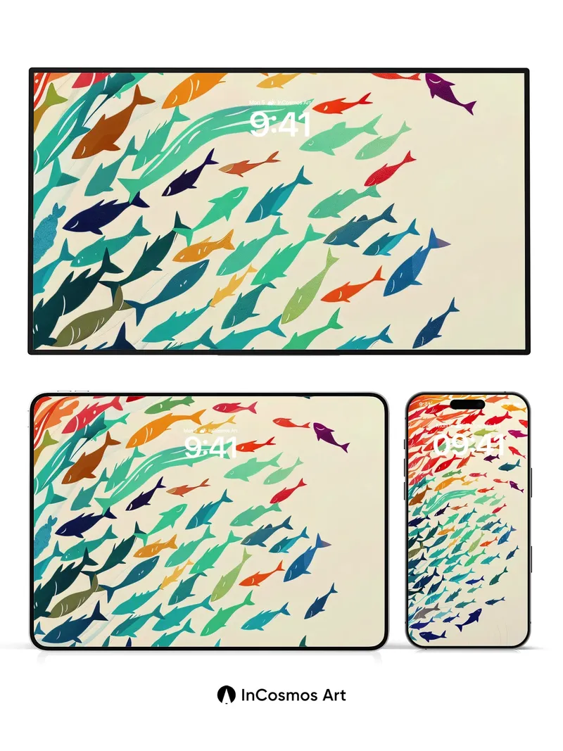 Rainbow Current Wallpaper with Swirling Fish