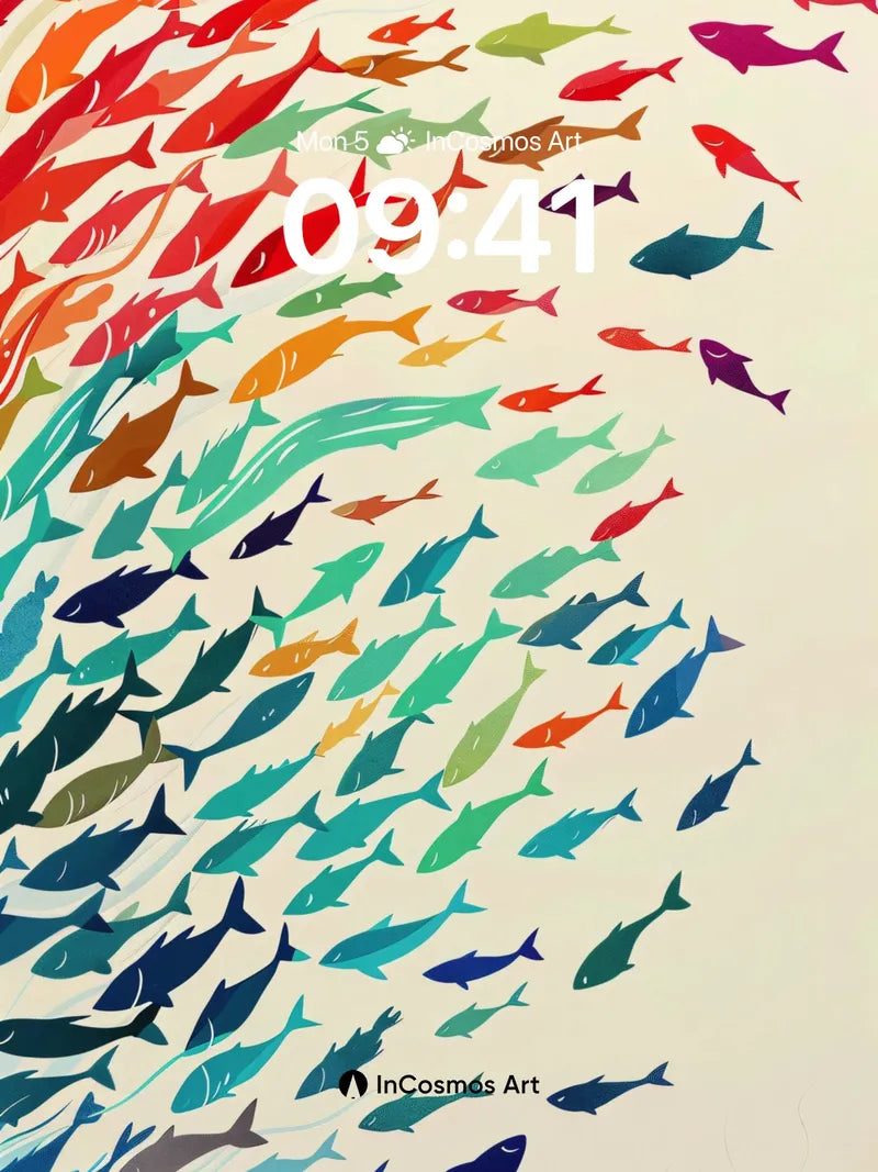 Rainbow Current Wallpaper with Swirling Fish